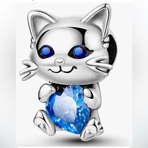 Cat silver and blue heart slide charm for Pandora bracelets stamped 925